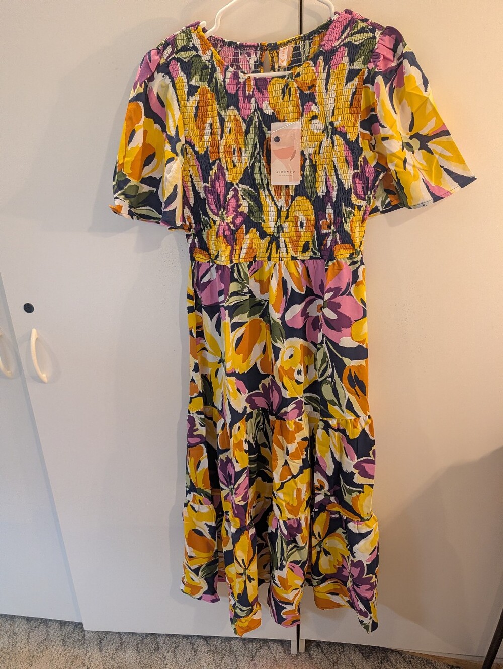 Kirundo Woman's Medium Floral Tiered Smocked Dress in Yellow & Purple NWT